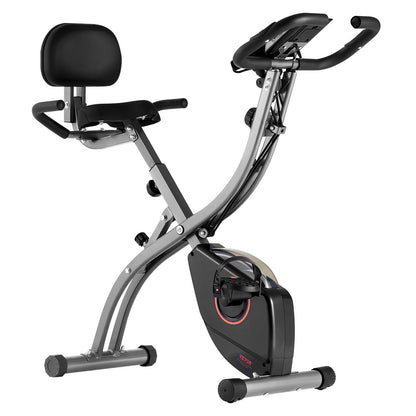 Foldable VEVOR exercise bike with adjustable magnetic resistance, comfortable seat, LCD monitor, ideal for indoor home gym workouts.