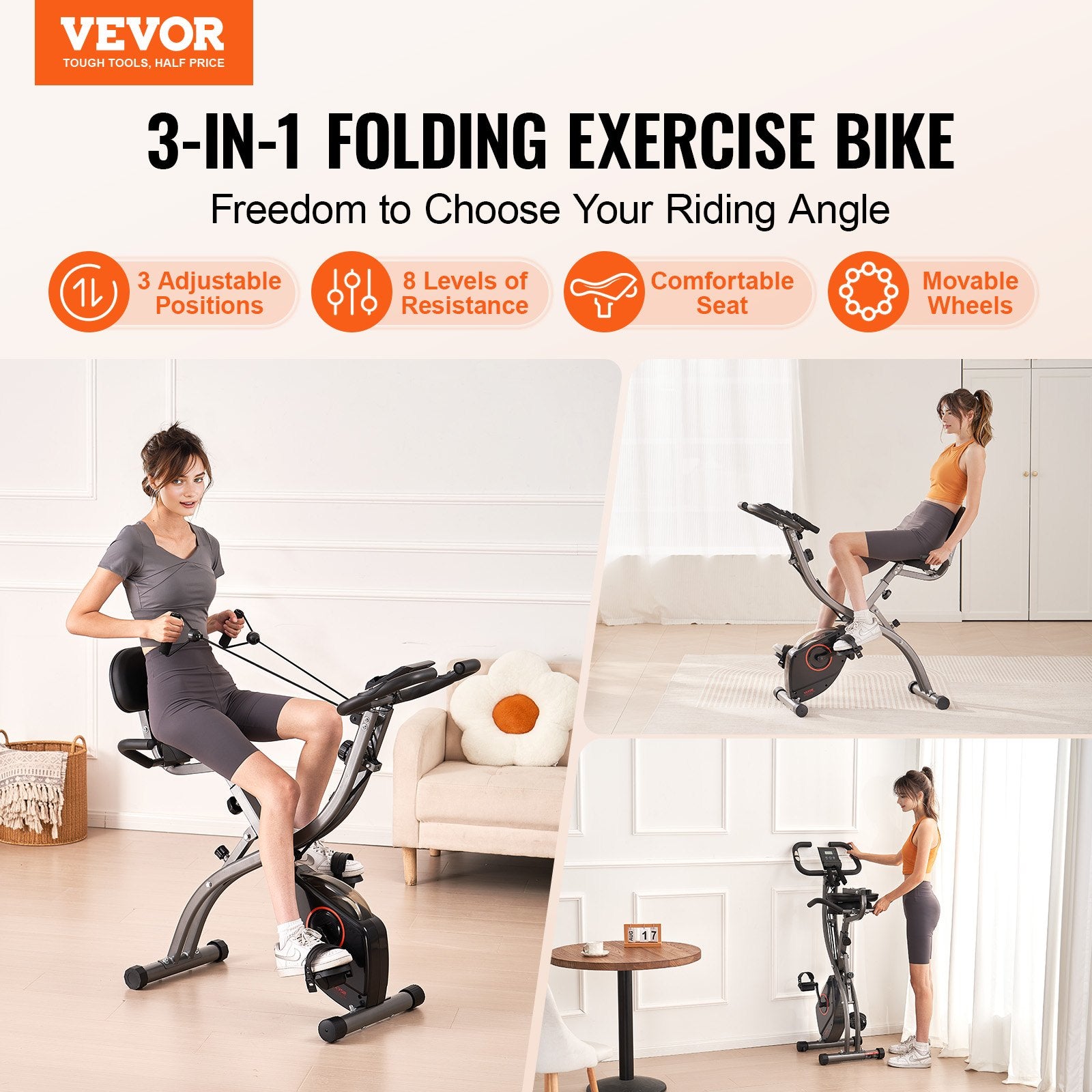 Foldable VEVOR exercise bike with adjustable magnetic resistance, LCD monitor, comfortable seat, and upright design for home gym workouts.