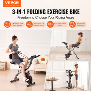 Foldable VEVOR exercise bike with adjustable magnetic resistance, LCD monitor, comfortable seat, and upright design for home gym workouts.