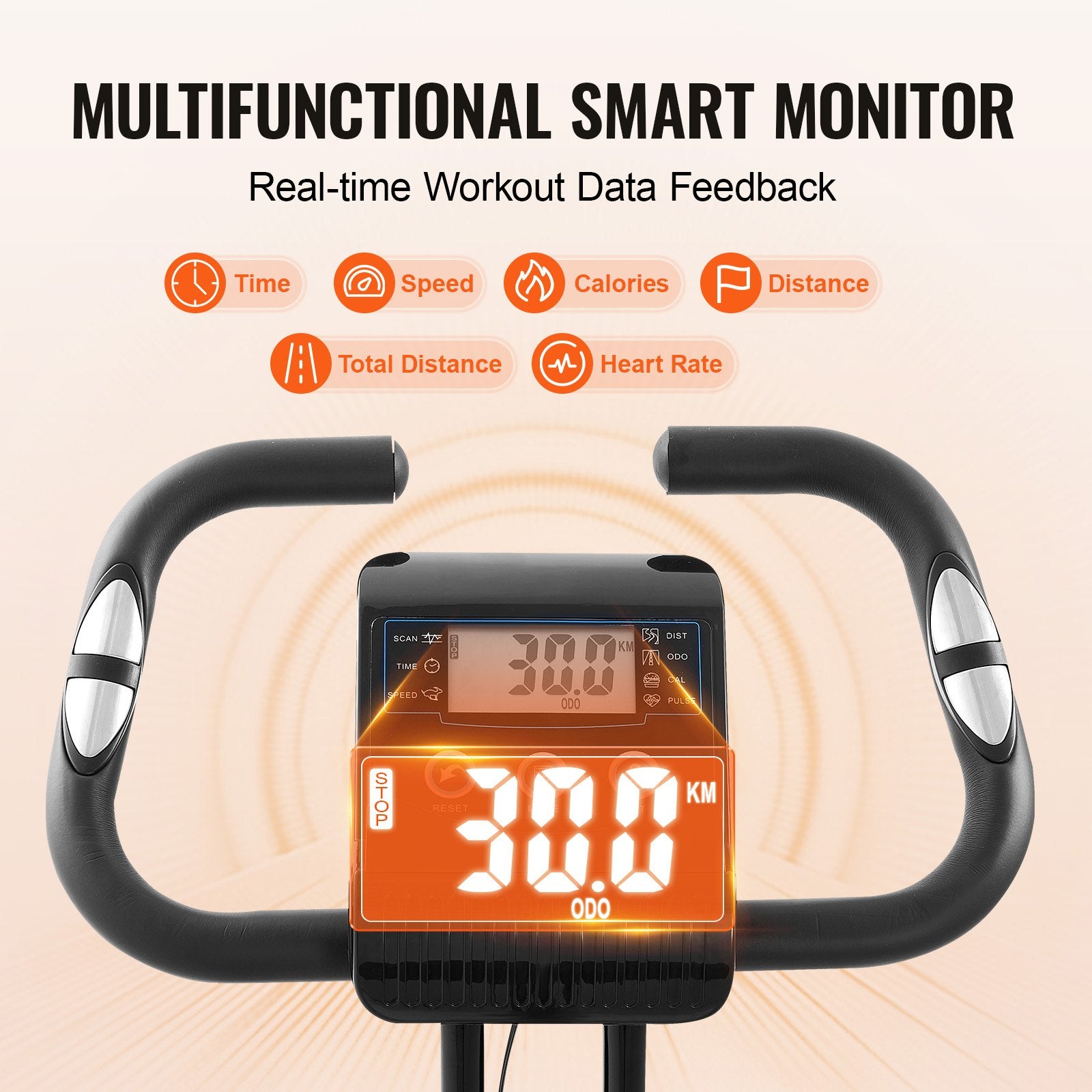 Foldable VEVOR exercise bike with adjustable magnetic resistance, comfortable seat, LCD monitor, ideal for home gym indoor cycling.