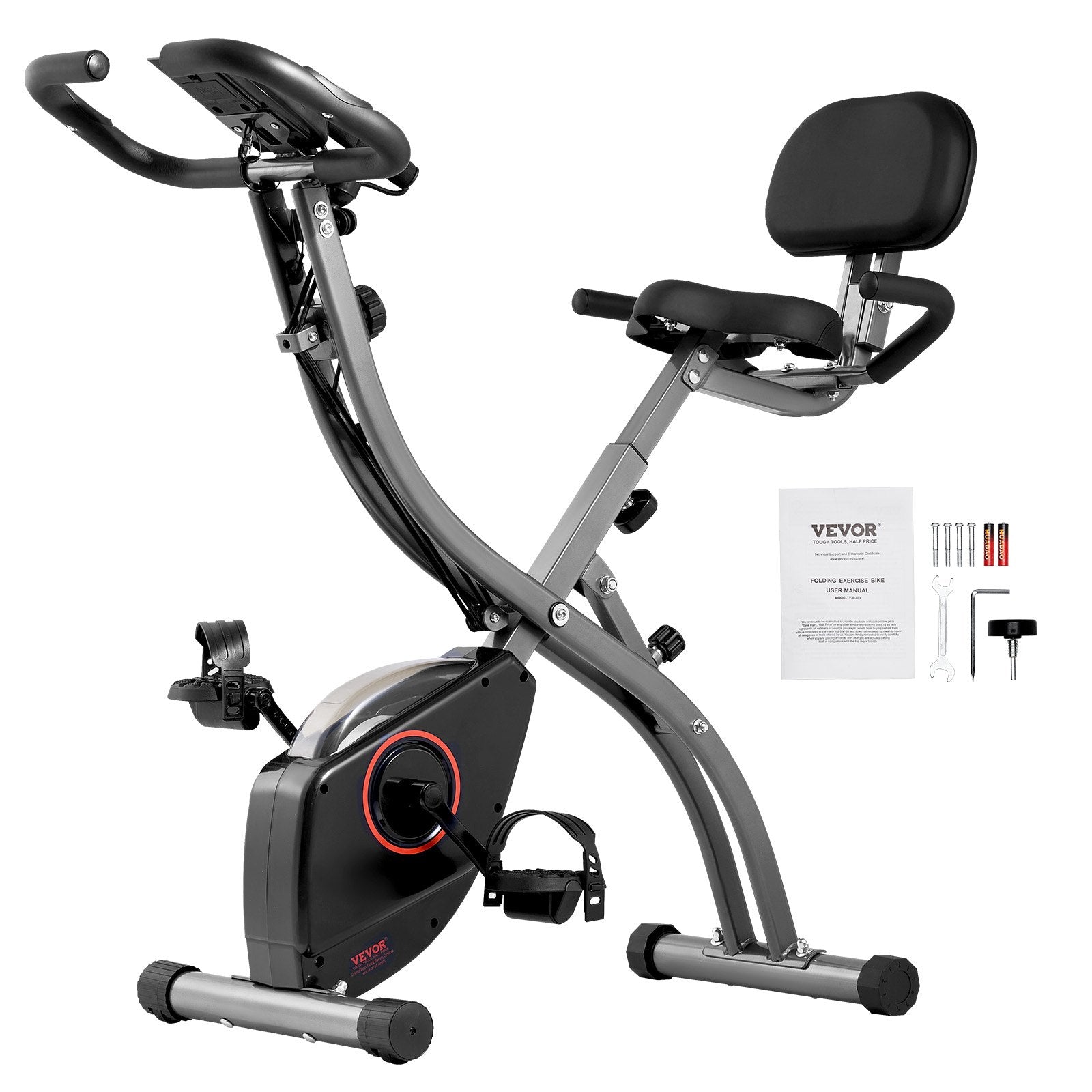 Foldable VEVOR exercise bike with adjustable magnetic resistance, comfortable seat, LCD monitor, suitable for indoor home gym workouts.