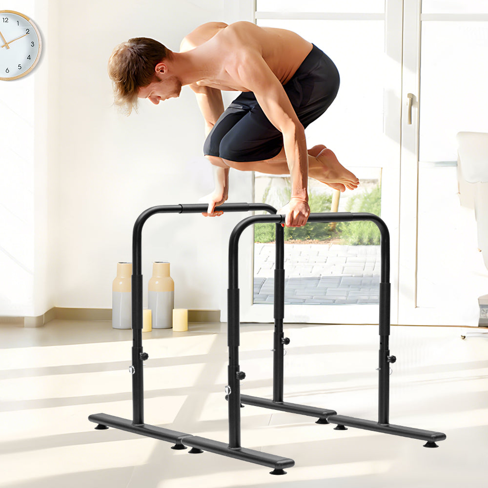 Set of 2 adjustable fitness dip bars with safety grips, portable parallettes for strength training and calisthenics at home.