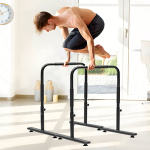 Set of 2 adjustable fitness dip bars with safety grips, portable parallettes for strength training and calisthenics at home.