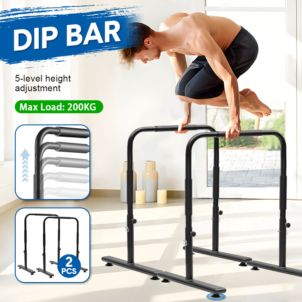 Set of two adjustable fitness dip bars from Online Fitness Depot for strength training and calisthenics in home gym.