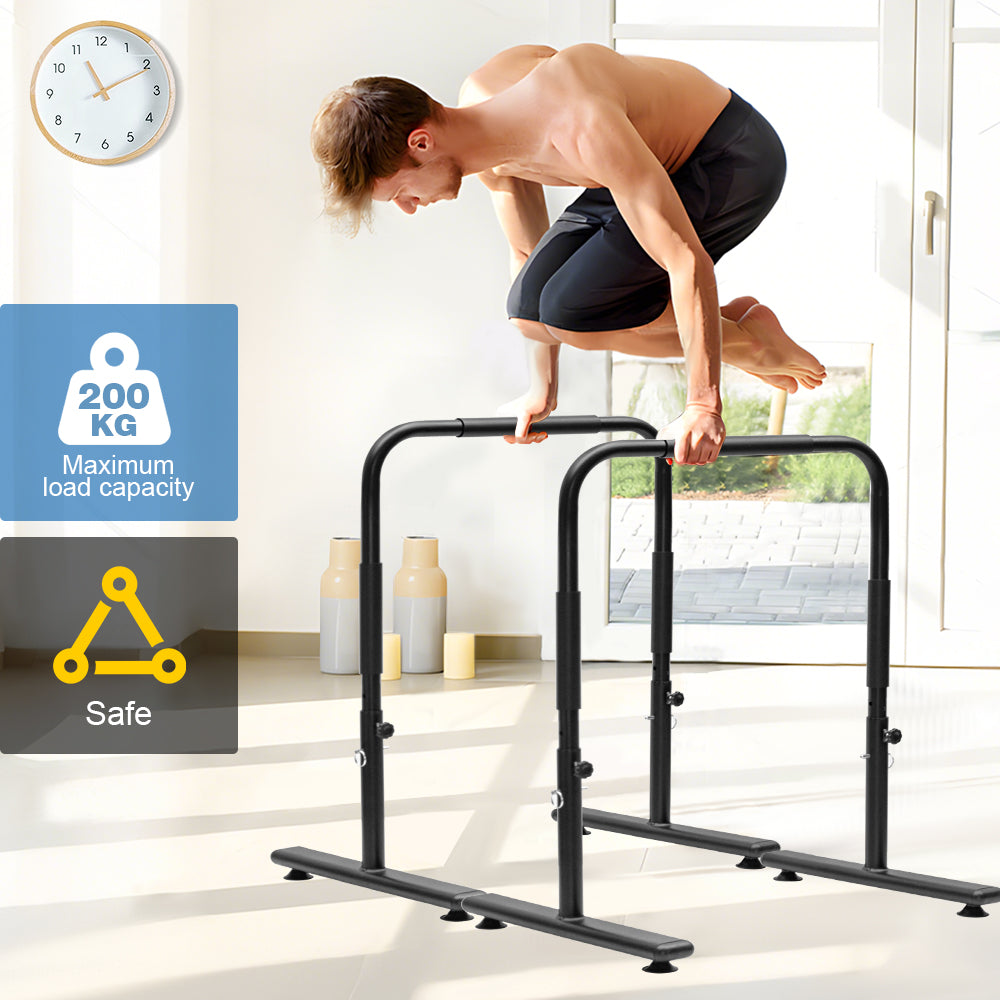 Set of two adjustable dip bars for fitness and calisthenics, portable workout equipment for strength training at home.