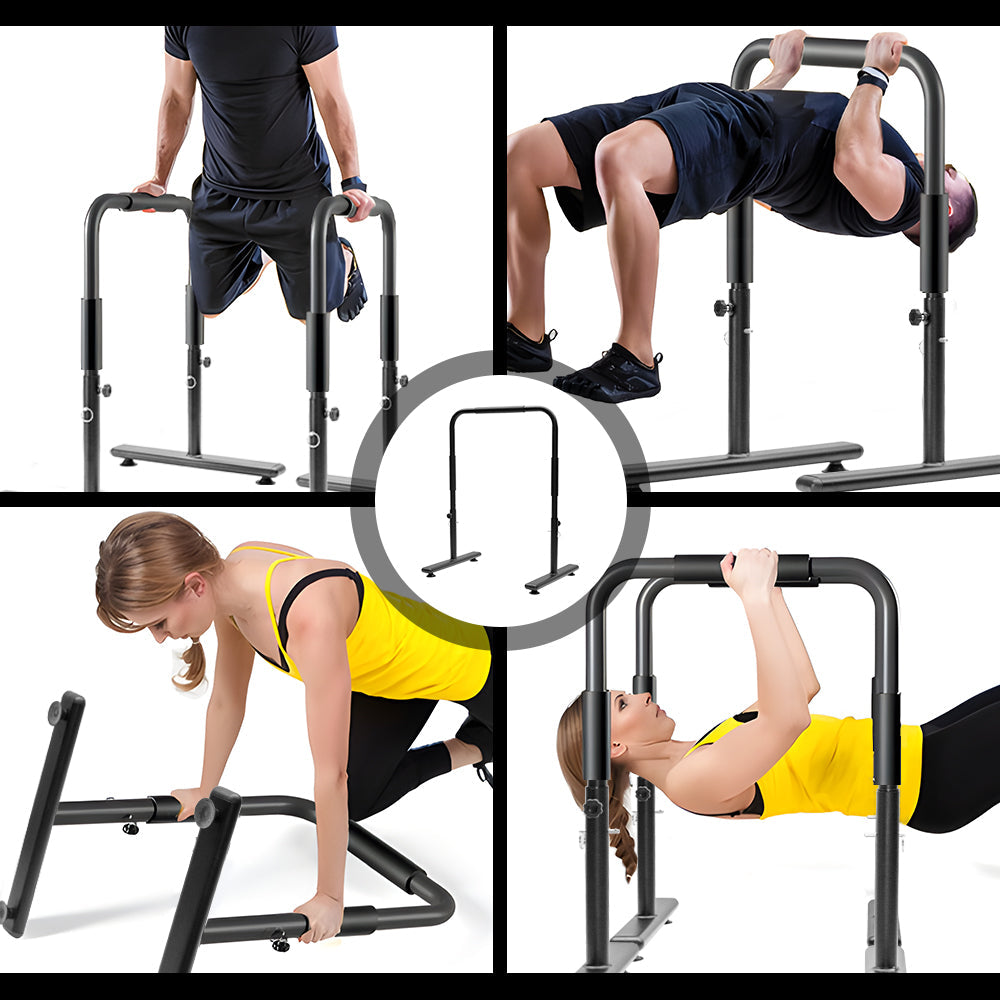 Set of 2 portable adjustable dip bars for fitness, featuring sturdy construction and safety grips for home gym strength training.