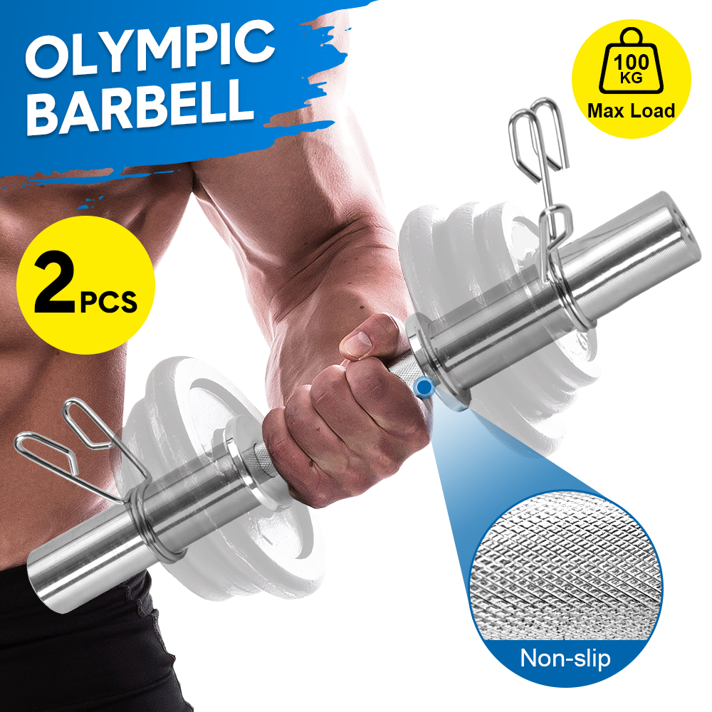 Pair of steel Olympic barbell handles from Online Fitness Depot with 50cm length, spring collars, 100kg weight capacity for strength training