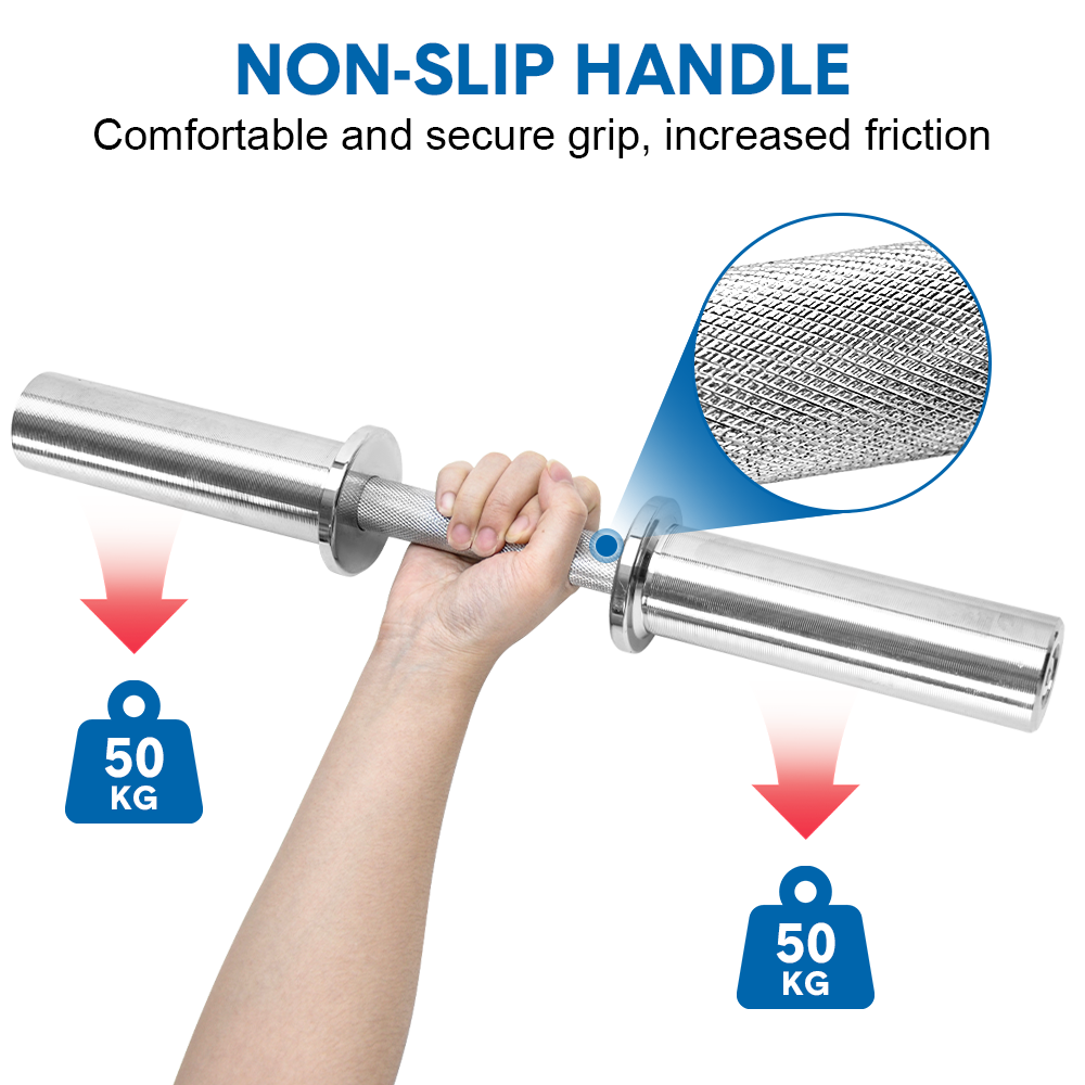 Olympic Barbell Bar 50cm heavy-duty steel dumbbell handles with spring collars for 2-inch weight plates, ideal for strength training.