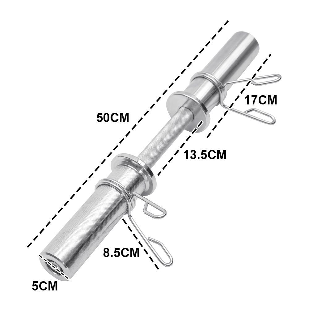 Steel Olympic barbell handles with spring collars, 50cm heavy-duty dumbbell bars for strength training and 2-inch weight plates.