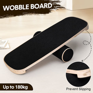 Wooden balance board with non-slip roller for core stability training, suitable for snowboard, skateboard, surf, yoga, and fitness.