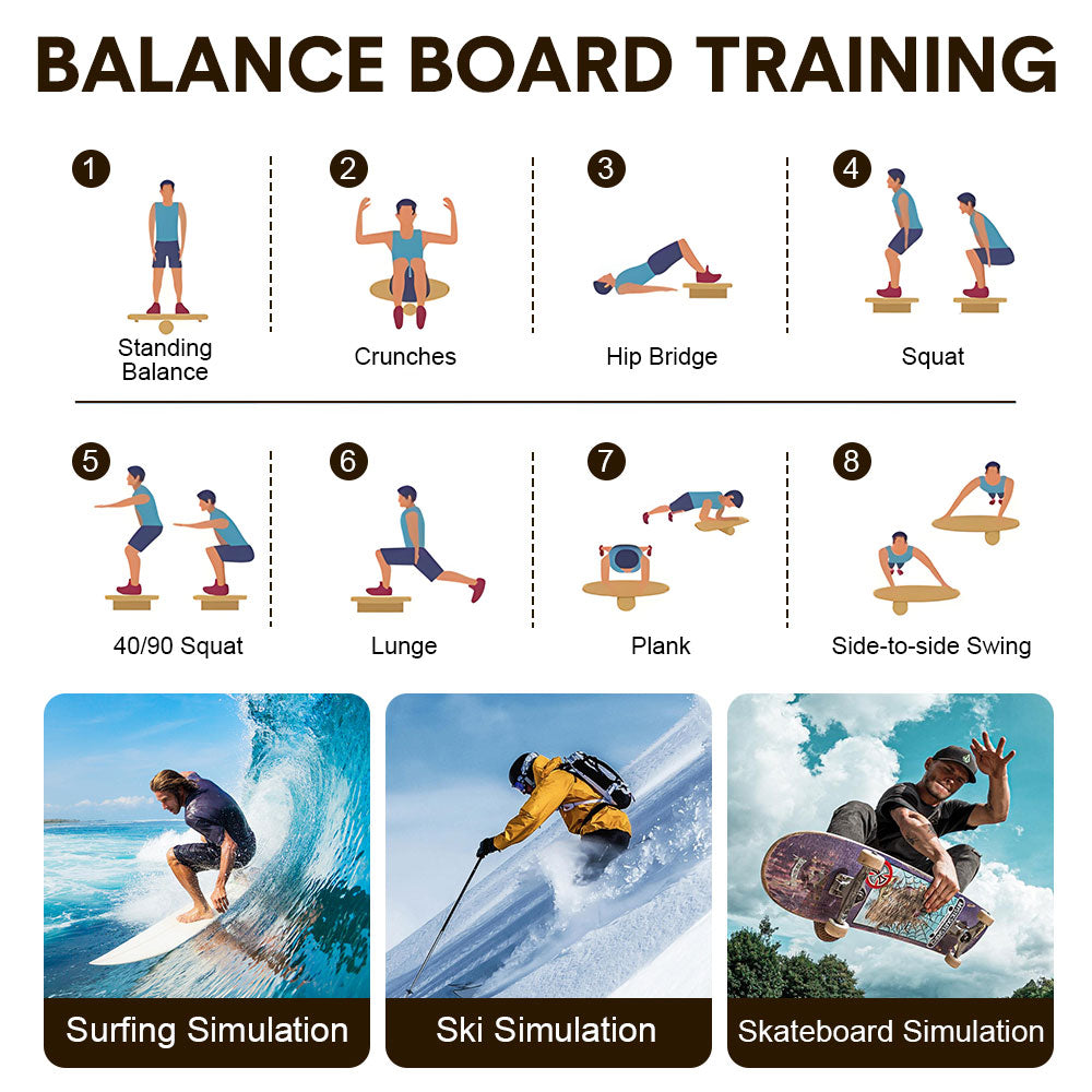Wooden balance board with non-slip surface for core stability training, ideal for fitness, yoga, skateboarding, and snowboarding.