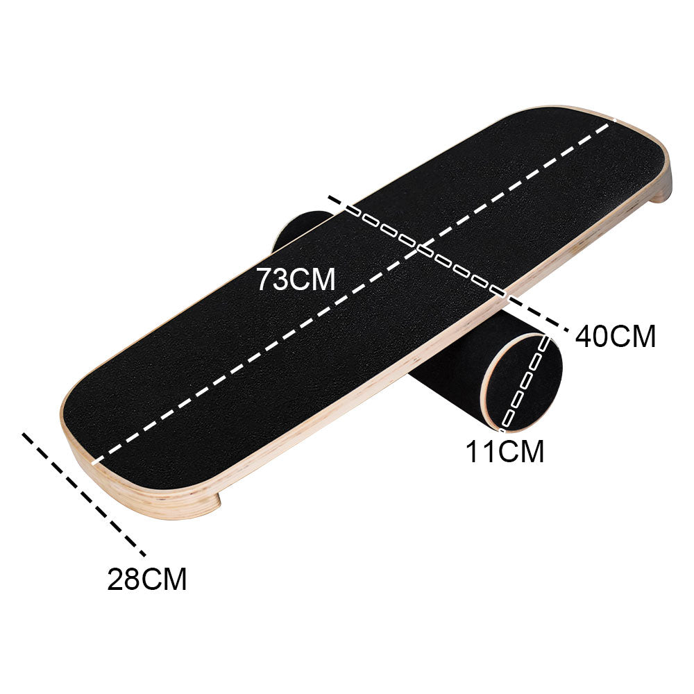 Wooden balance board with non-slip roller for core stability training, ideal for yoga, snowboard, skateboard, and fitness workouts.